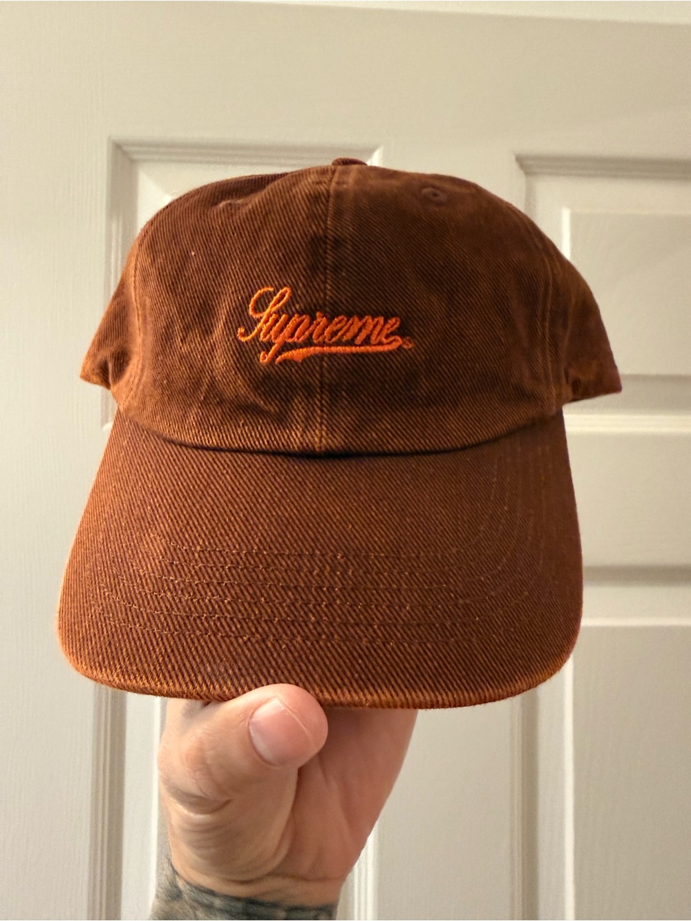 NWOT Supreme burnt Brown wash Cap with Orange Script Logo